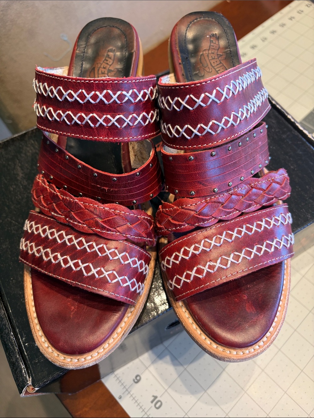 Charlotte Freebird by Steven Burgundy Braided & Studded Slide Mules